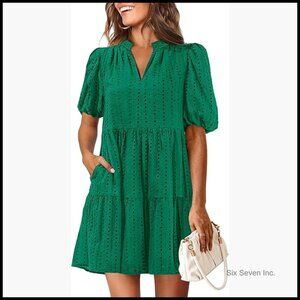 Eyelet Summer Dress Mini Hollow Out Short Sleeve Baby Doll Beach Sundress